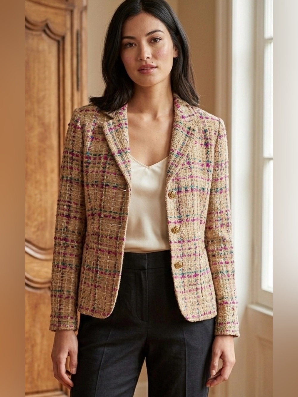 ANN MAY 100% SILK Woven Beige Multi Color Geo Career Blazer Jacket